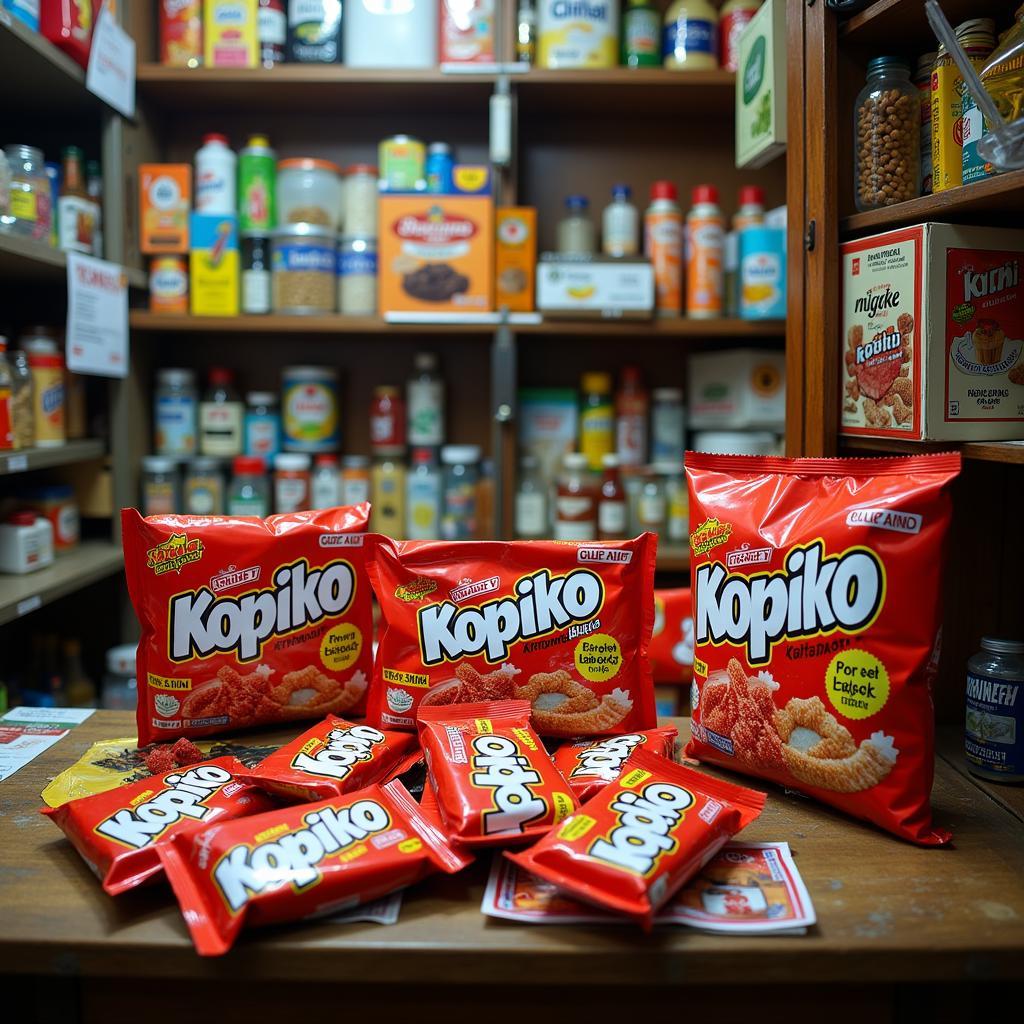 Kopiko coffee candy displayed on shelves in a typical Pakistani kiryana store