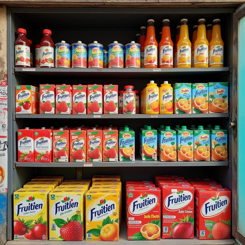 A small Pakistani store selling various beverages, including Fruitien juice.