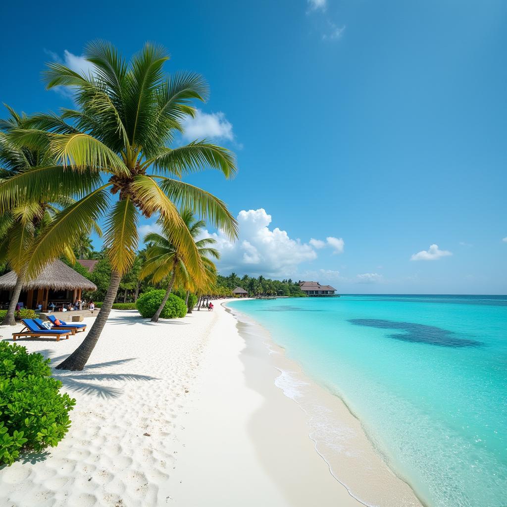 Maldives beach resort with turquoise water, white sand, and palm trees, welcoming Pakistani tourists.