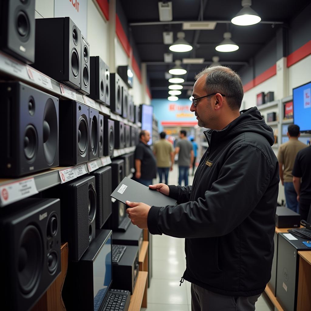 A man buying a speaker in an electronics store in Pakistan