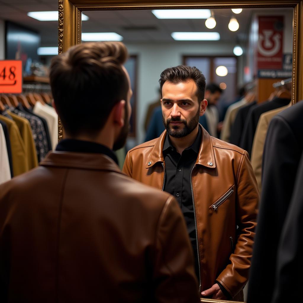 Man Trying on Jacket during Sale in Pakistan: A man trying on a leather jacket in a Pakistani clothing store.