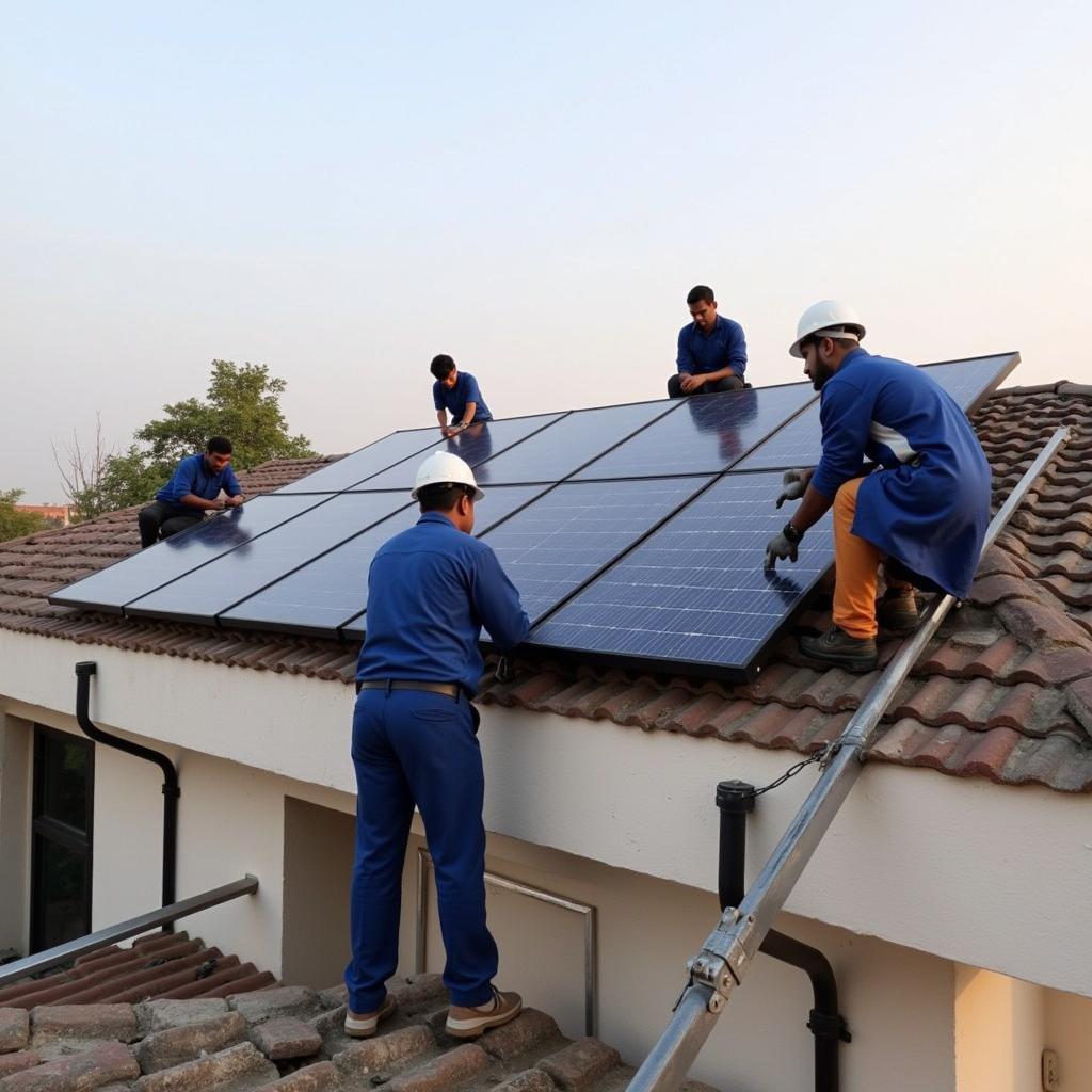 Installation of mono solar panels on a Pakistani rooftop.