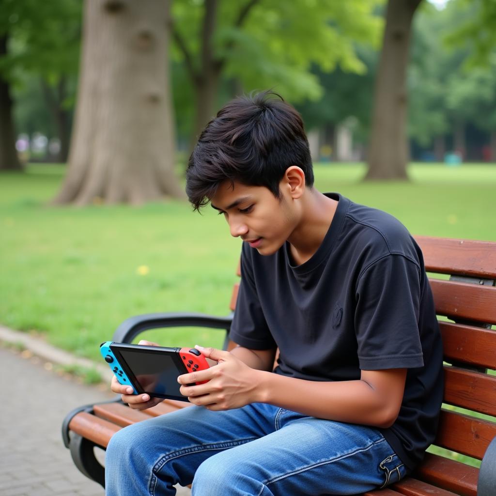 Nintendo Switch being played in handheld mode in a park in Pakistan