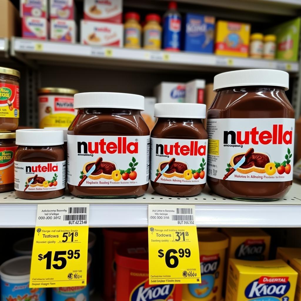 Nutella jars of various sizes displayed on a supermarket shelf in Pakistan, with price tags clearly visible.