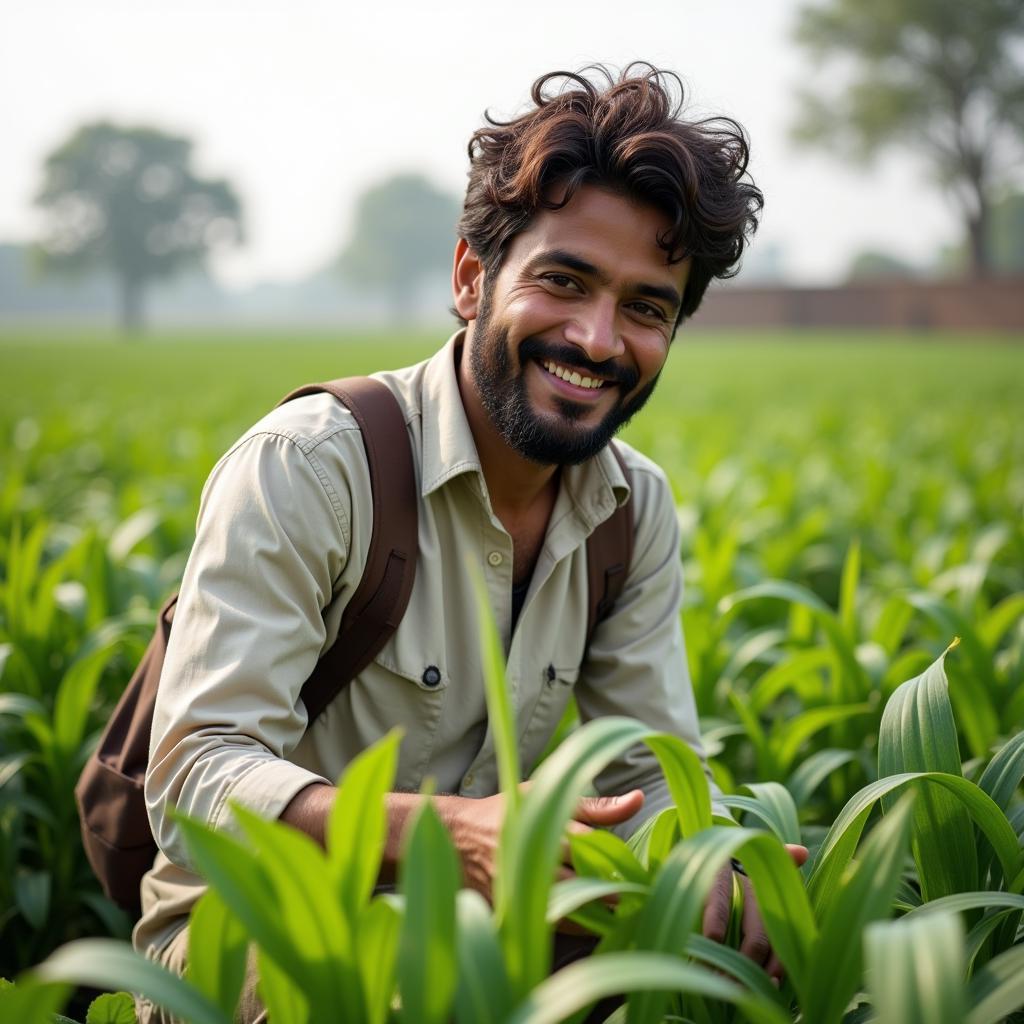 A Pakistani farmer inspecting his crops after applying SOP fertilizer