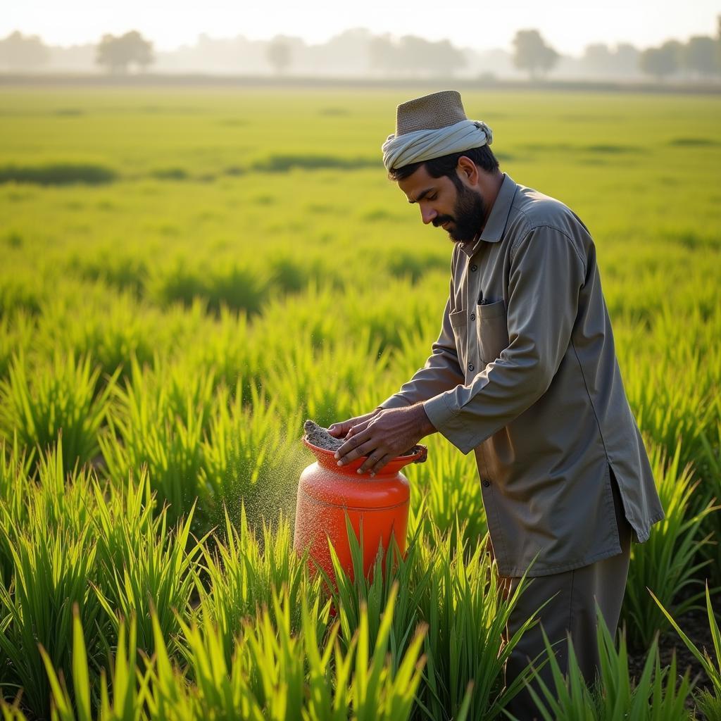 Pakistani Farmer Applying Fertilizer to Crops