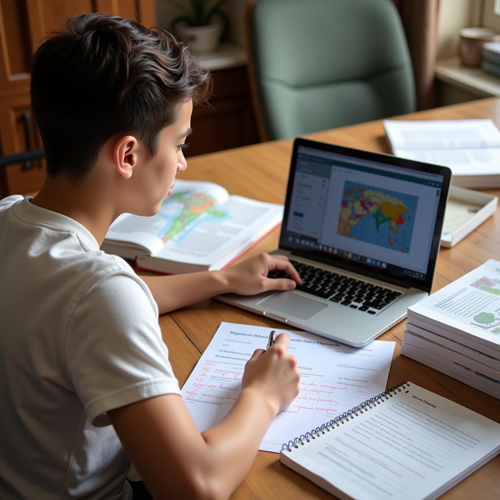 O Level Study Resources: A student using a laptop and books to prepare for the exam.