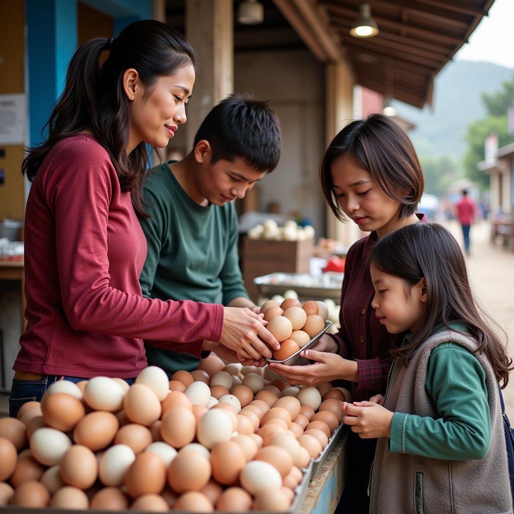 A Pakistani family buying eggs at a local market.