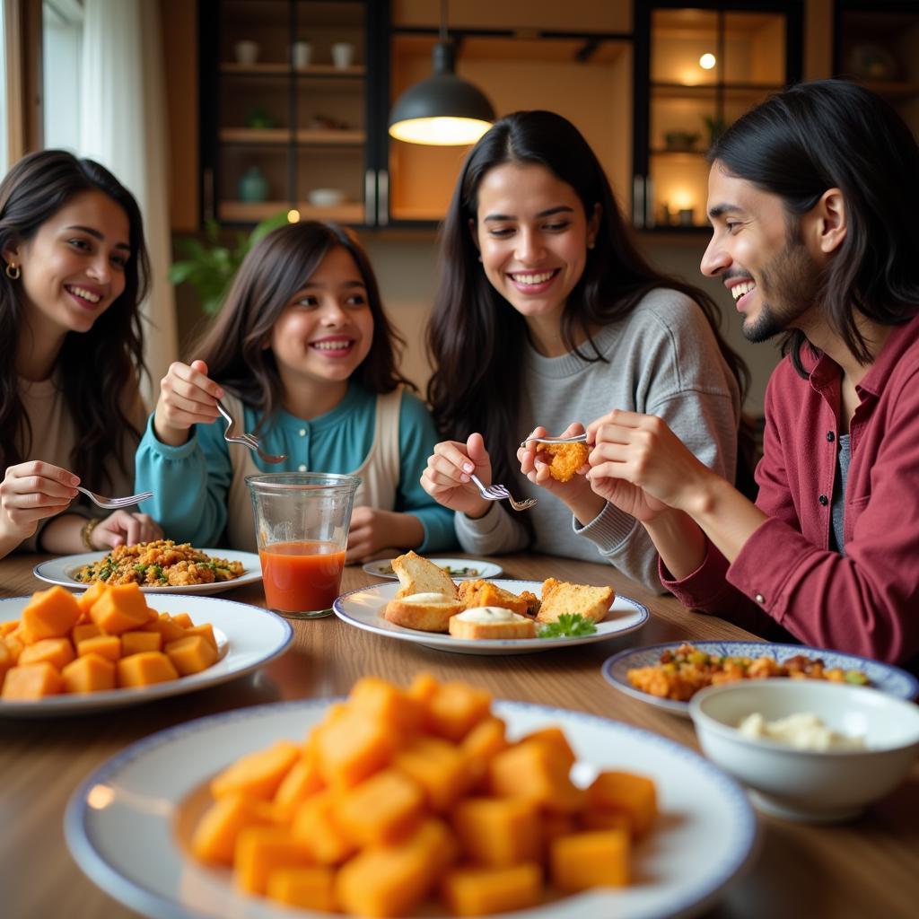 A Pakistani family enjoys a meal with sweet potato