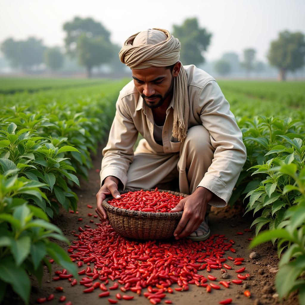 Pakistani Farmer Harvesting Chillies