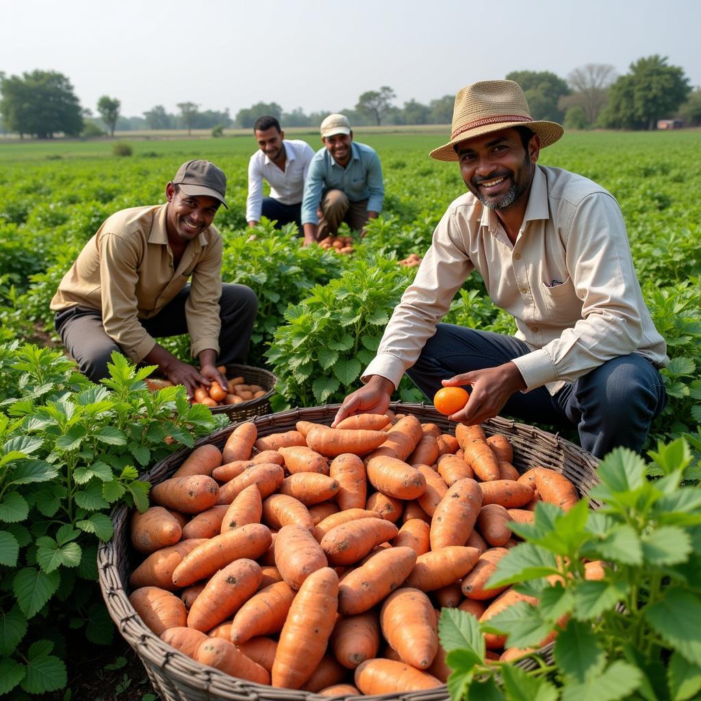 Pakistani farmers harvesting sweet potatoes in a field