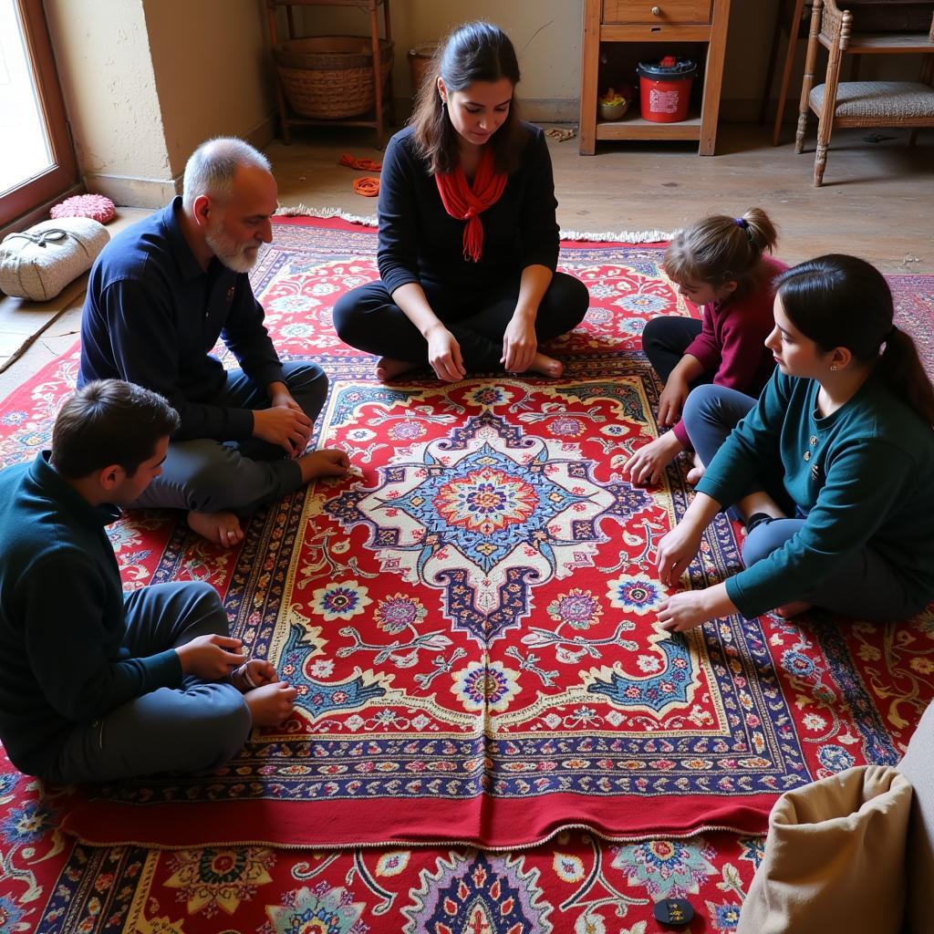 Pakistani artisans meticulously hand-knotting a traditional carpet, showcasing the intricate detail and craftsmanship involved in the process.