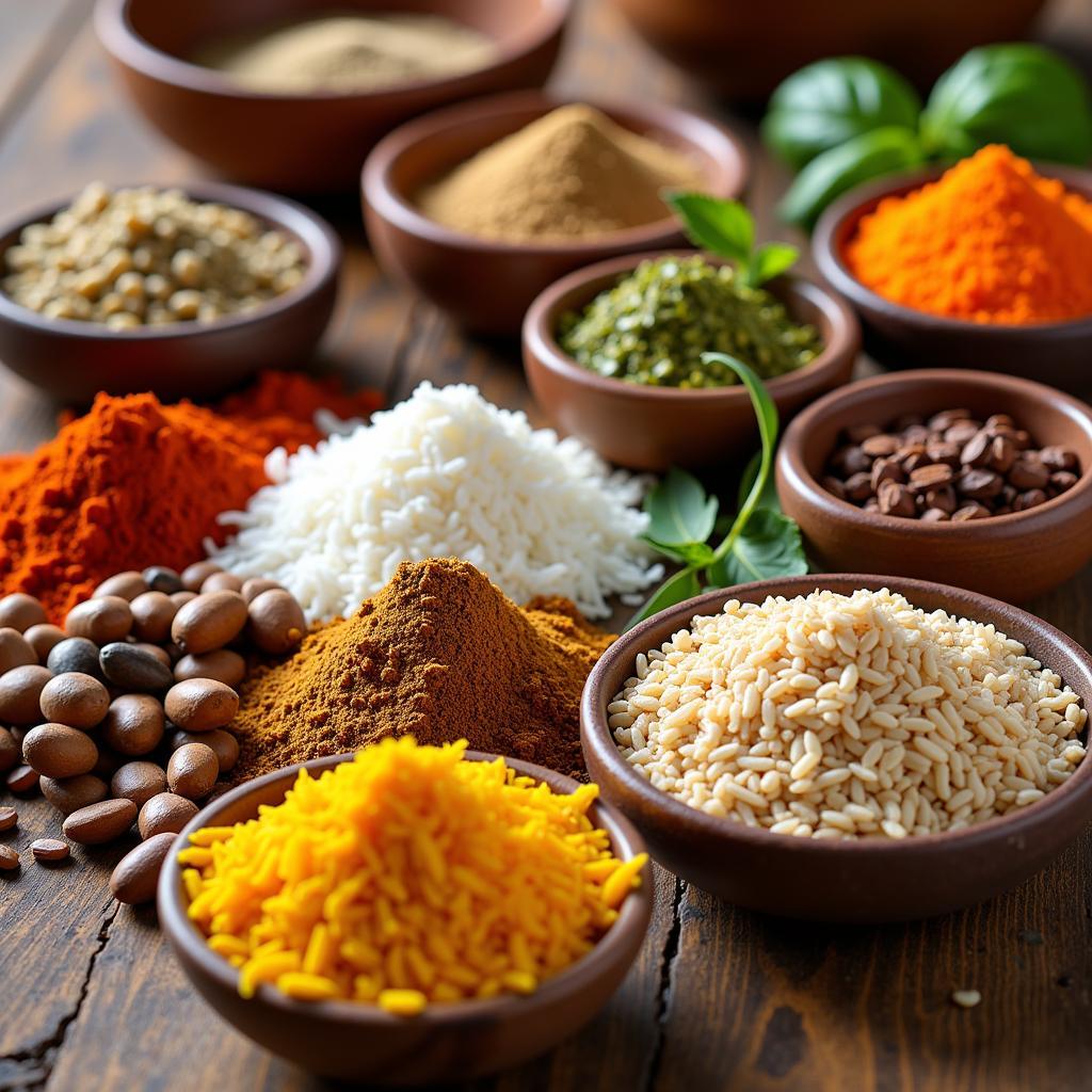 Pakistani Kitchen Essentials: Spices, lentils, flour, and rice.