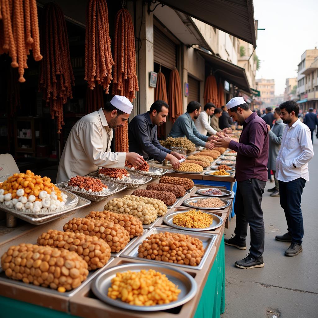 A bustling Pakistani market with vendors selling various types of tasbihs, including aqeeq stone.