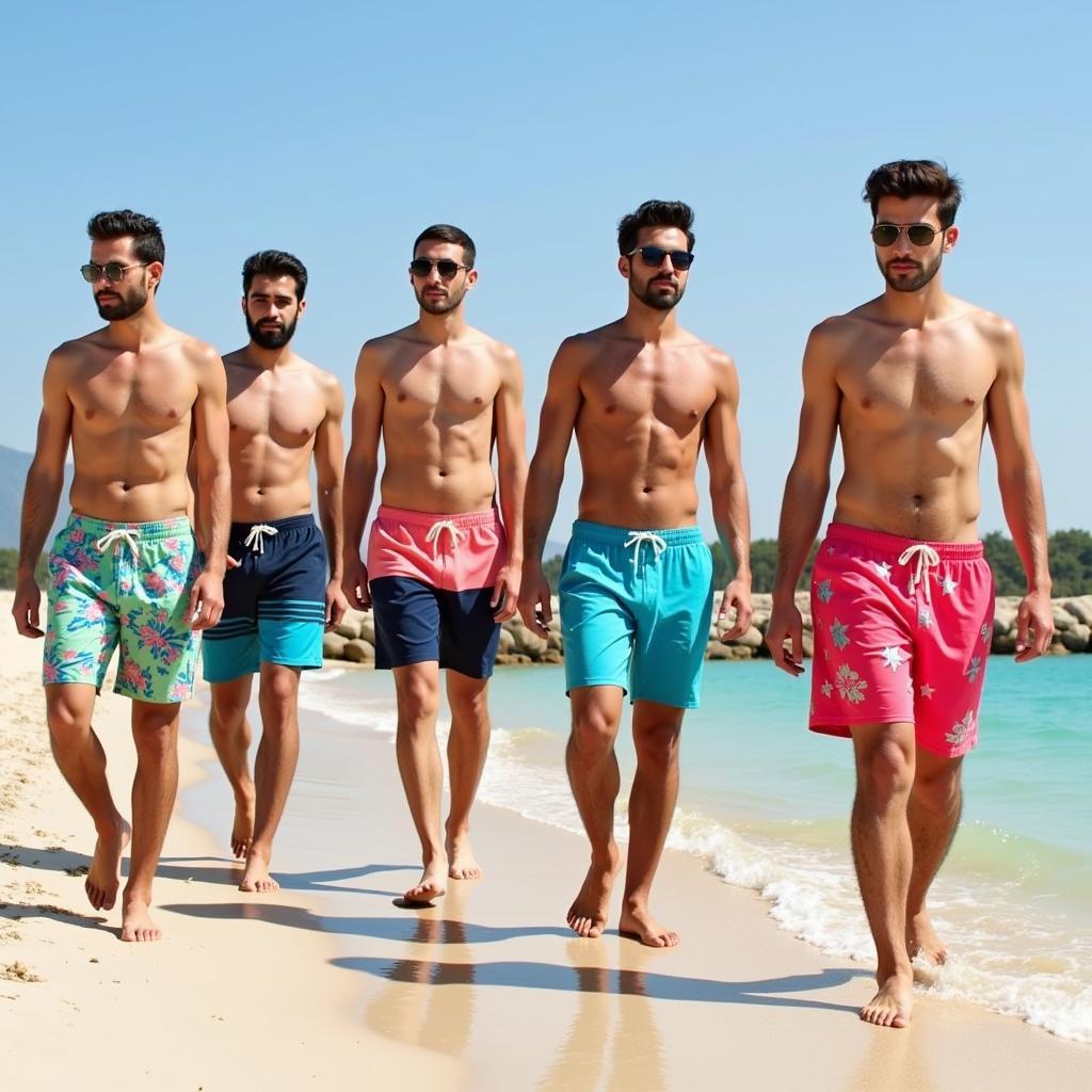 Pakistani men wearing various styles of swimming trunks at the beach, showcasing different colors, patterns, and lengths.