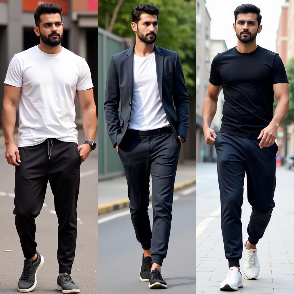 Pakistani men wearing various styles of joggers in different settings