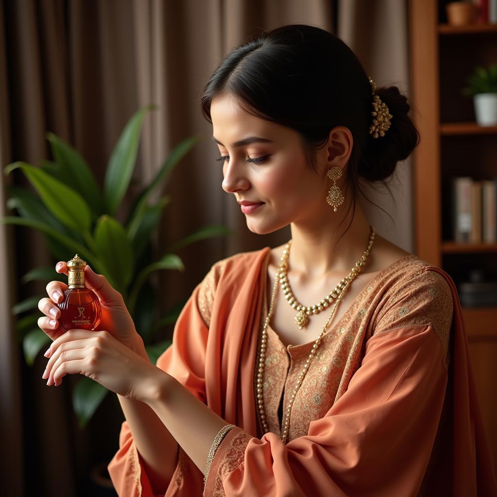 A Pakistani woman applying amber perfume