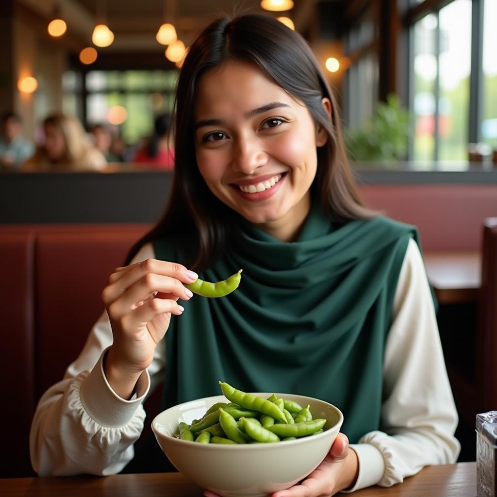 Pakistani Woman Enjoying Edamame