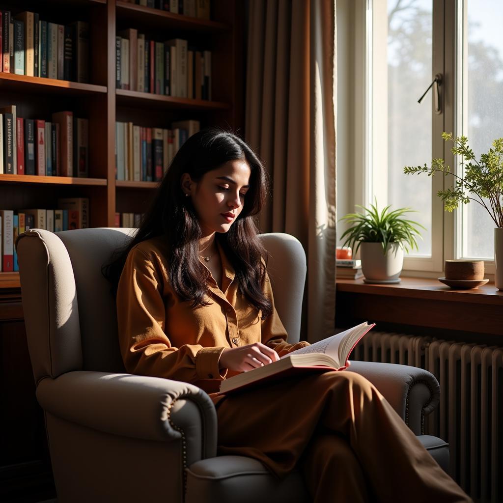 Pakistani Woman Reading by a Bookshelf