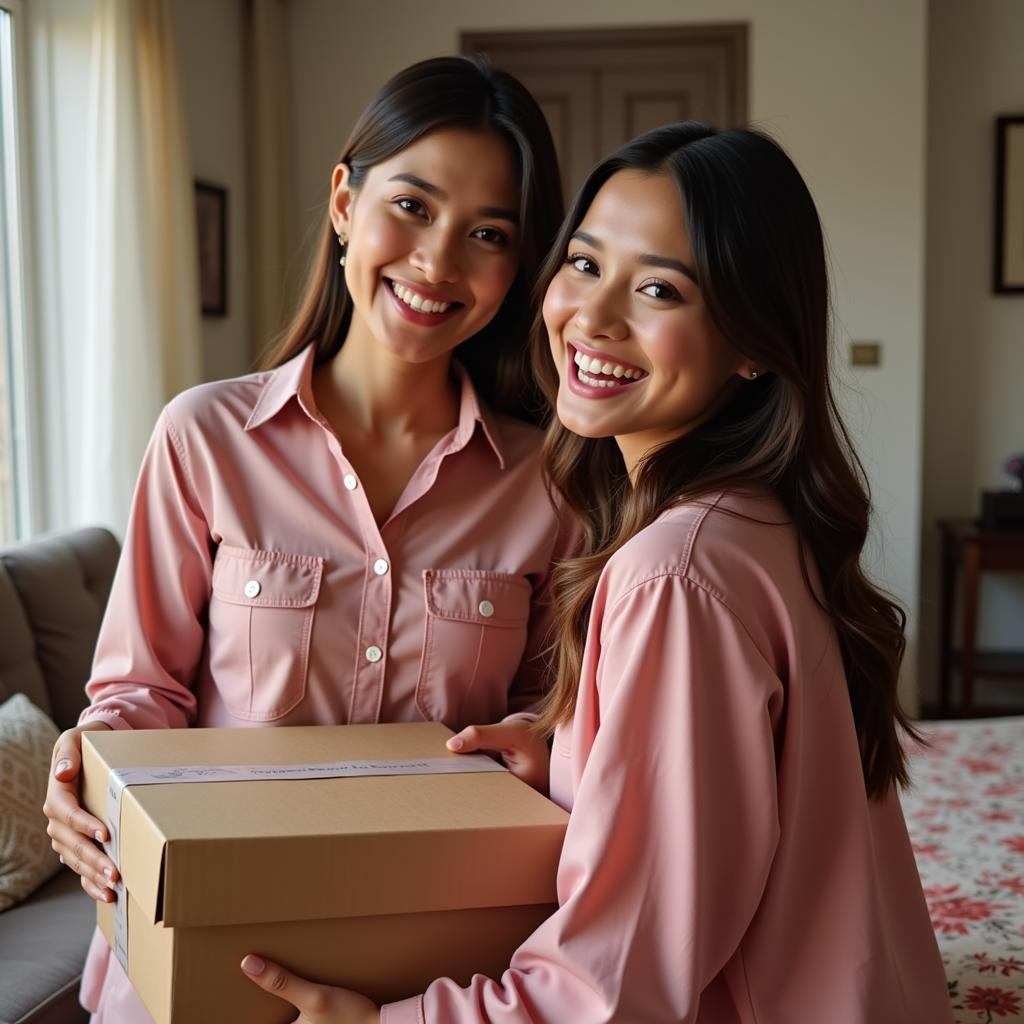 A Pakistani woman receiving her online dress order.