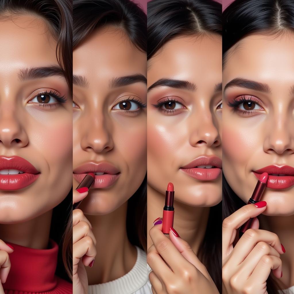 Pakistani women applying different shades of lip tint