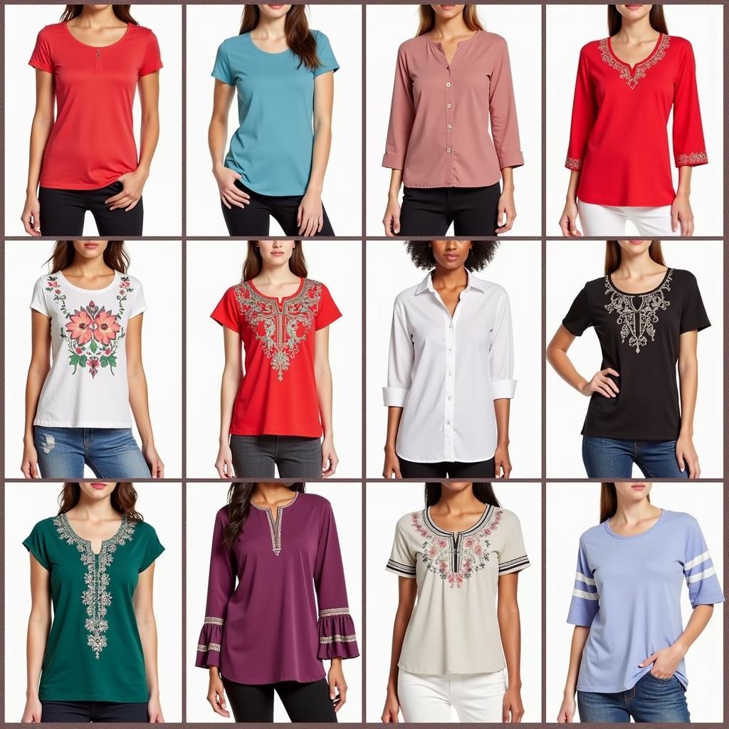 Various styles of women's tops available in Pakistan, including casual tees, formal blouses, and traditional kurtas.