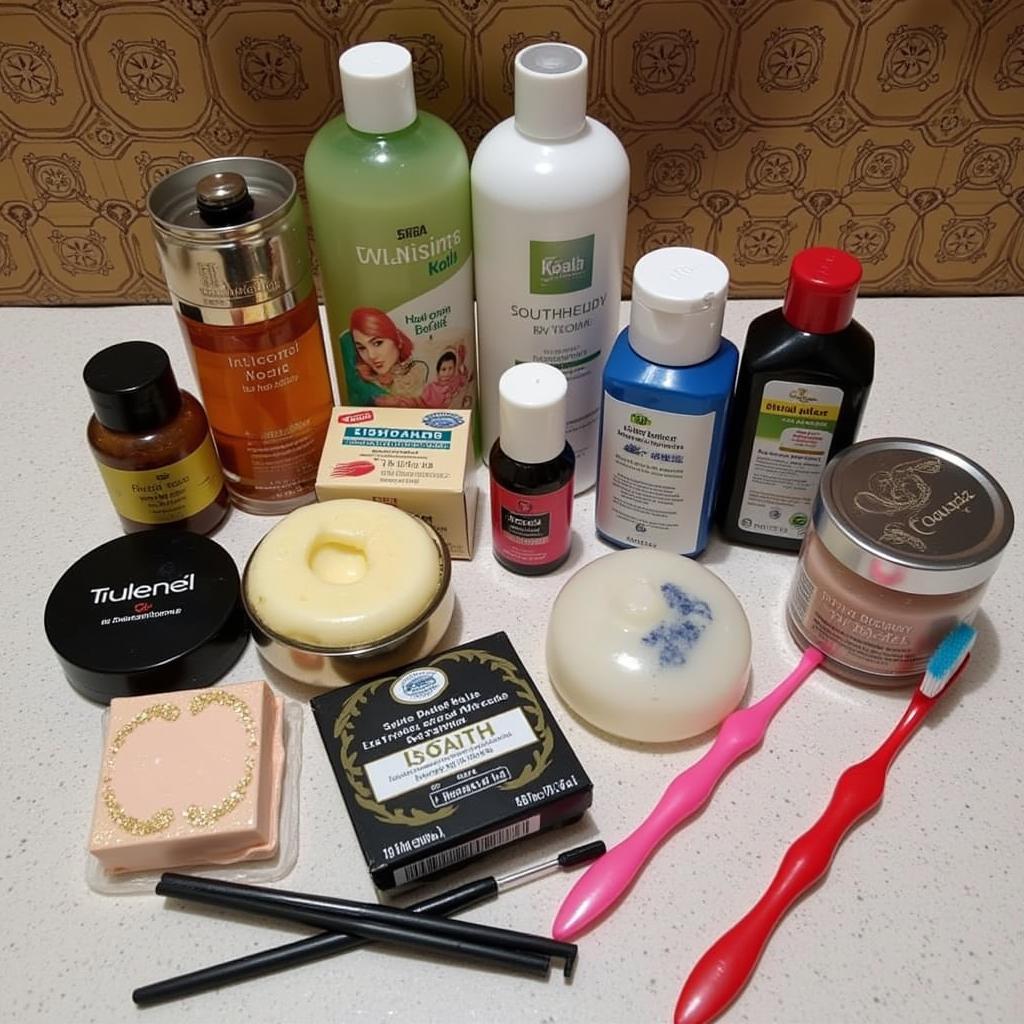 Daily personal care products used in Pakistan, including traditional kohl and modern cosmetics.