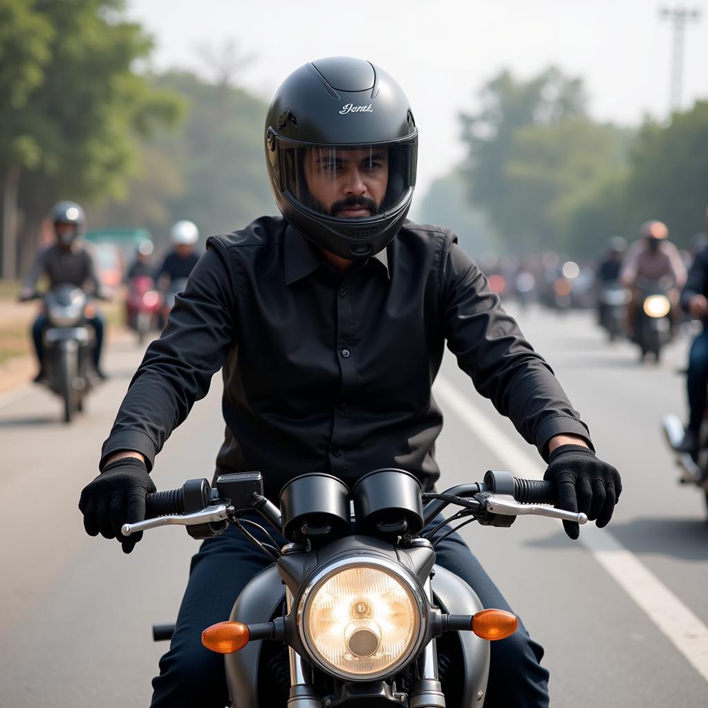 Motorcyclist wearing gloves while riding in Pakistan