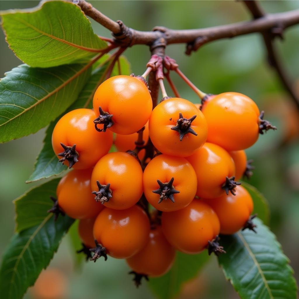 Close-up of ripe sea buckthorn berries growing on a branch in Pakistan