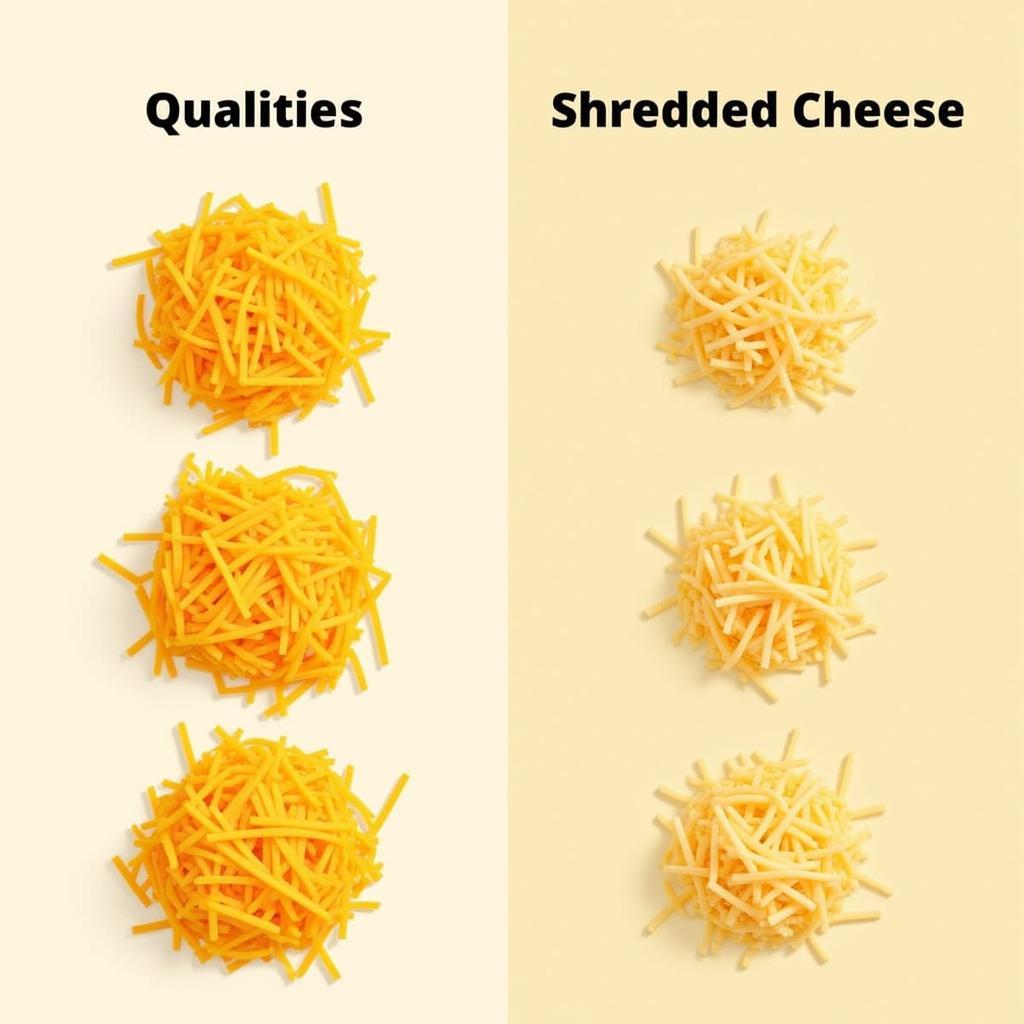 Comparing different qualities of shredded cheese based on texture and appearance.