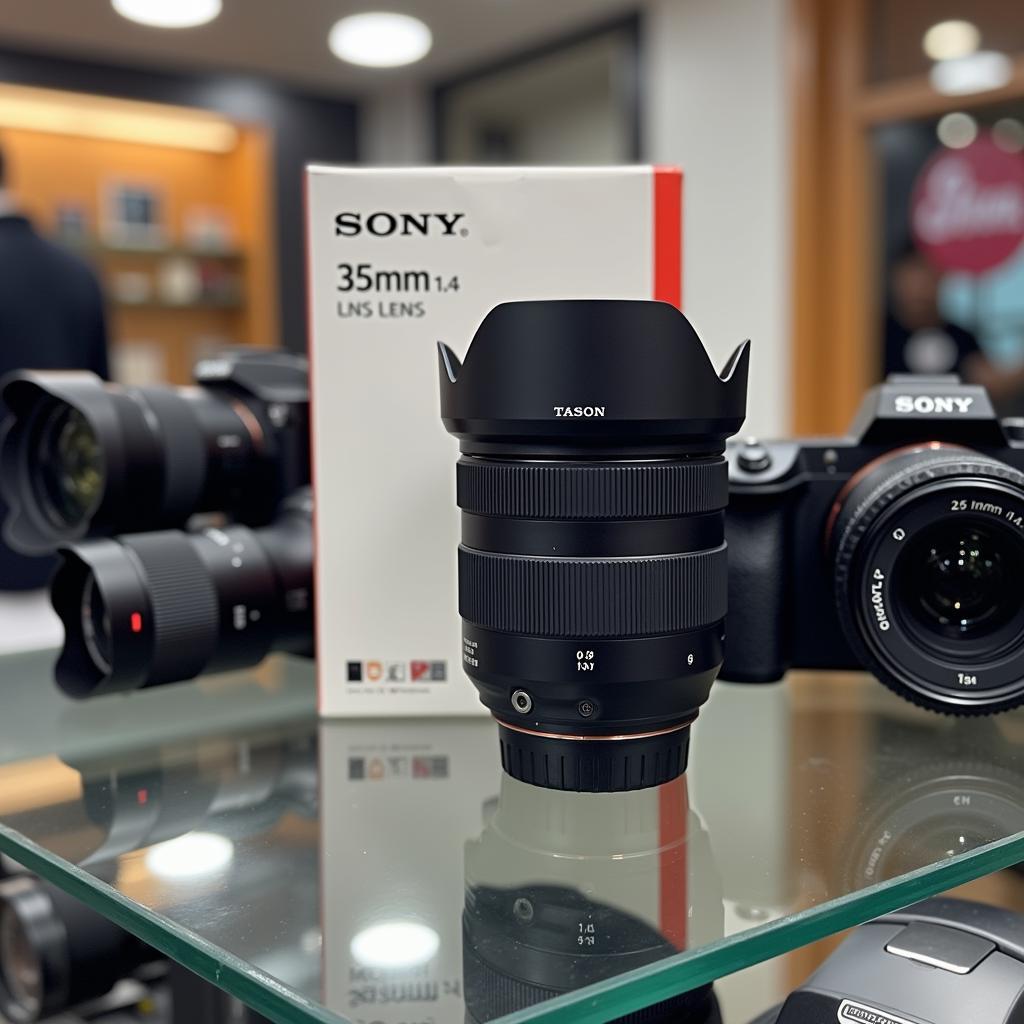 Sony 35mm 1.4 lens displayed in a Pakistani camera store