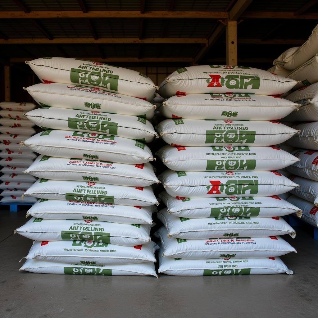 Bags of SOP fertilizer stacked in a warehouse in Pakistan