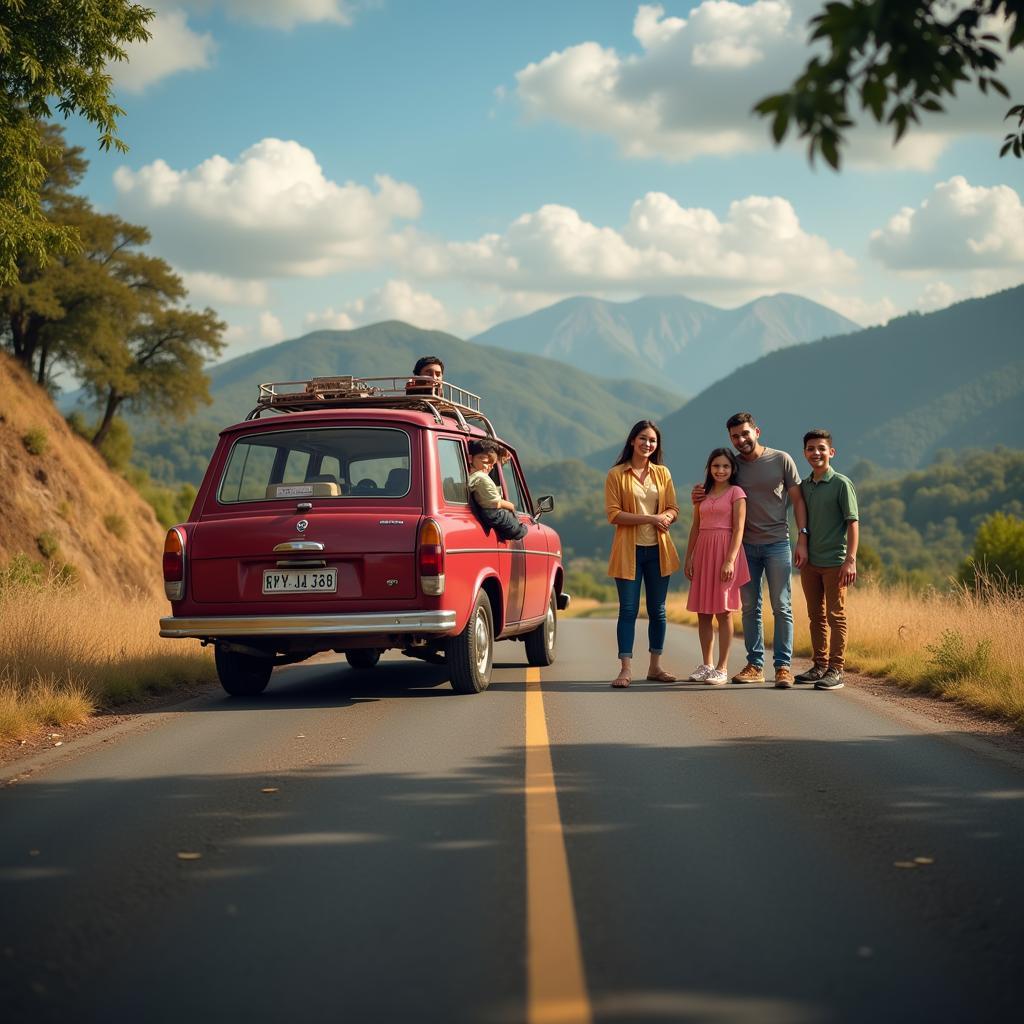 Family enjoying a road trip in their station wagon in Pakistan