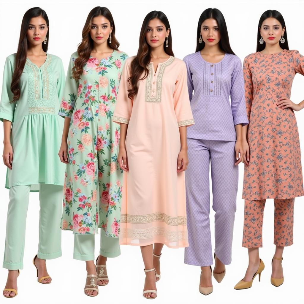 Trending Pakistani Kameez Designs featuring short kameez with cigarette pants and palazzo pants in pastel shades, floral prints, and geometric patterns.