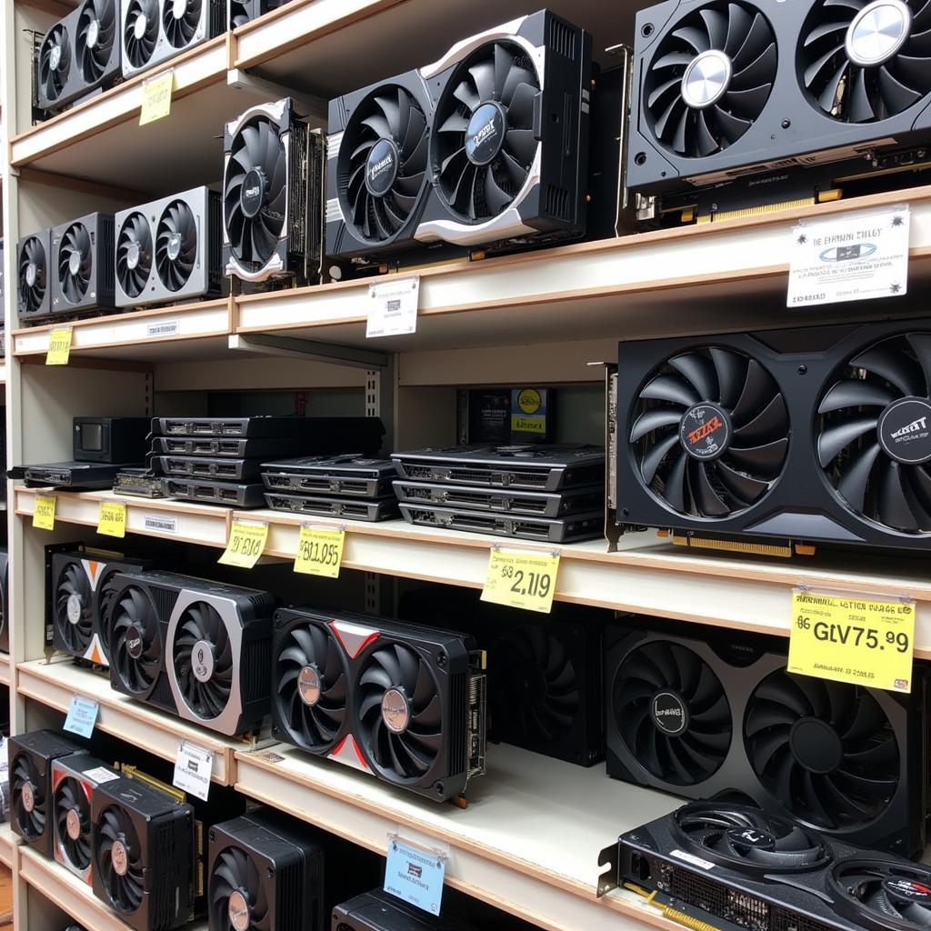 Display of used graphics cards for sale in a Pakistani computer store.