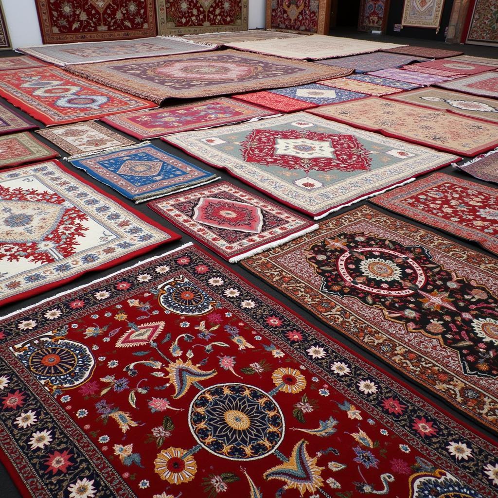 A display of various hand-made Pakistani carpets, showcasing the diverse range of colors, patterns, and designs available.