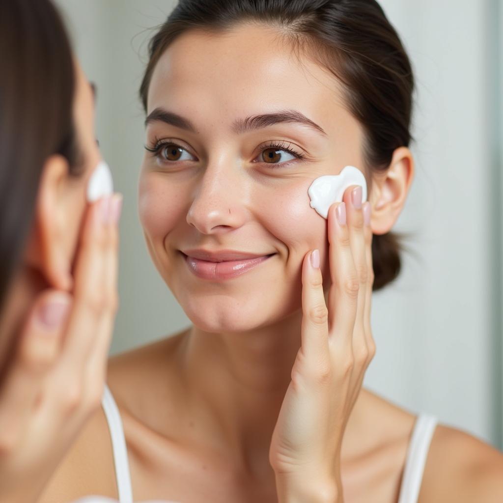 A woman applying face cream.