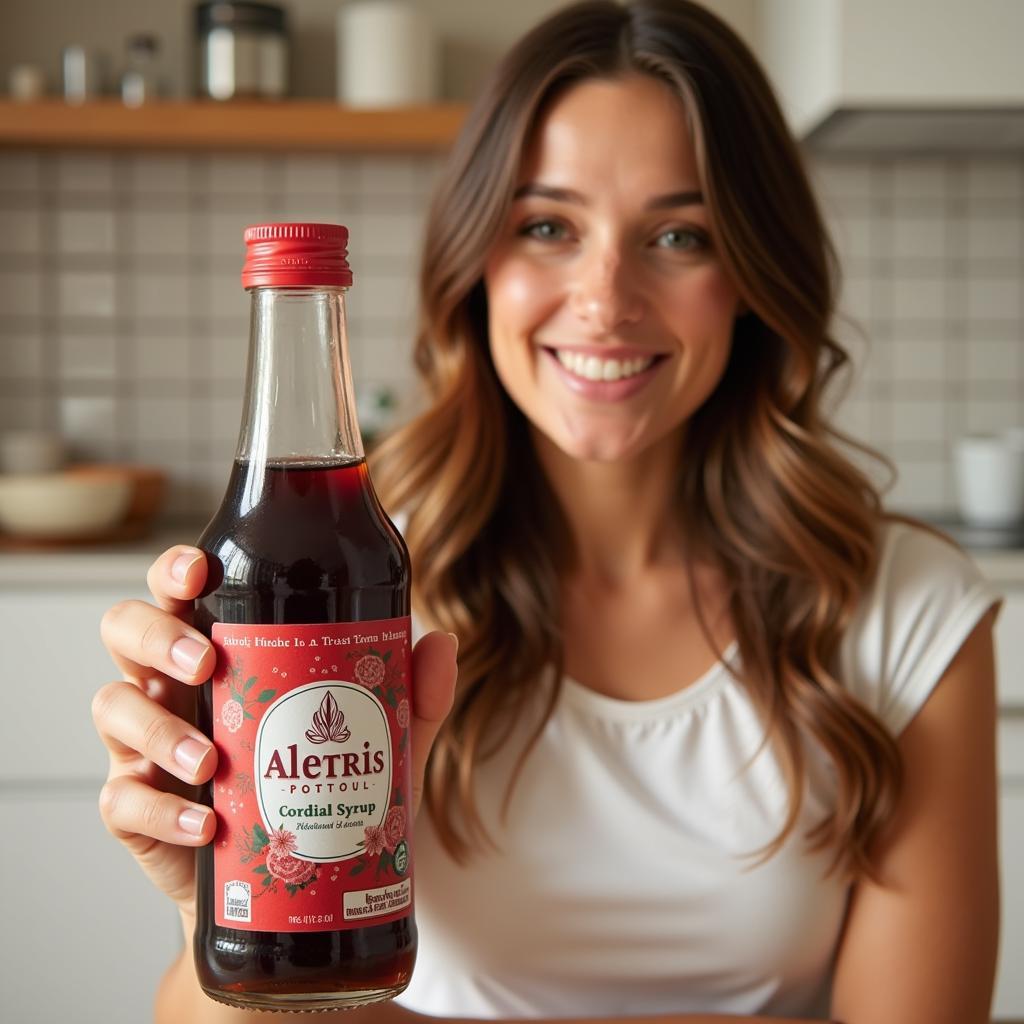 Woman holding a bottle of Aletris Cordial Syrup