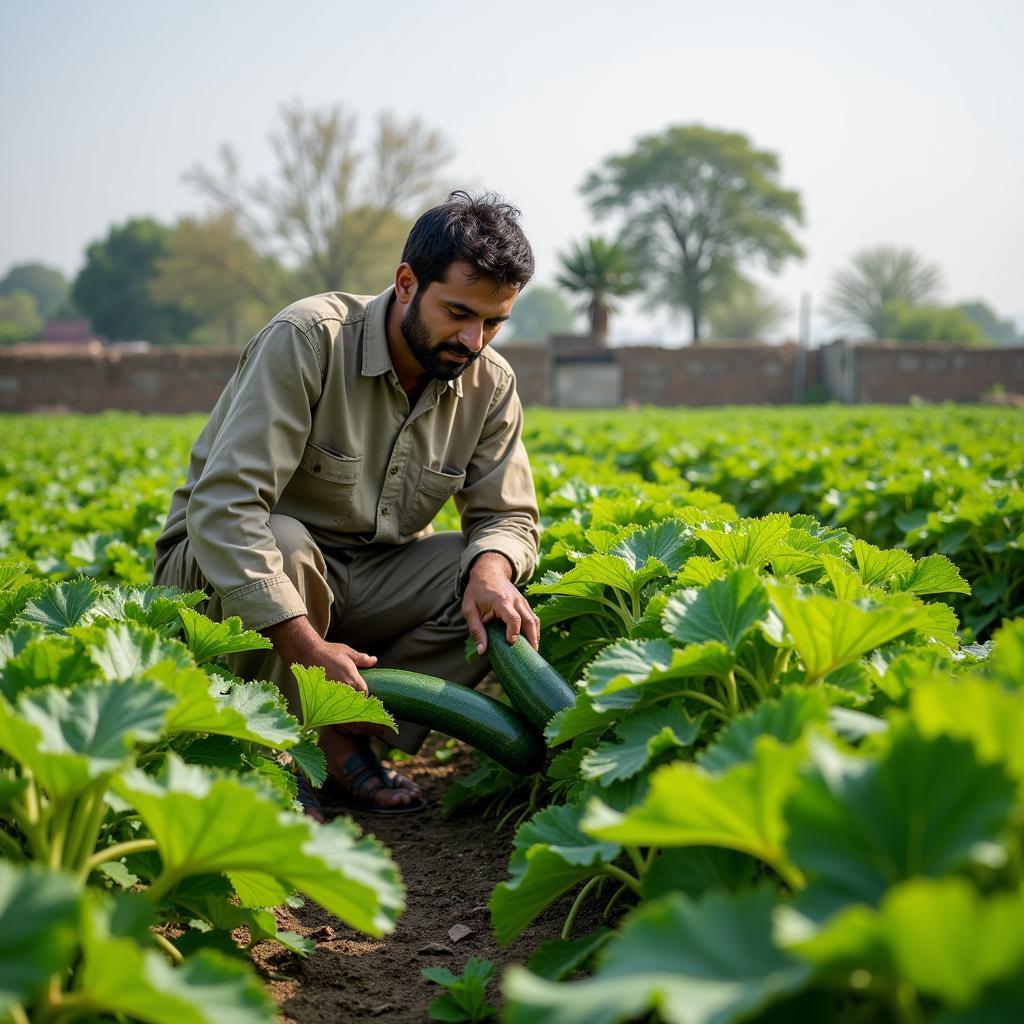 Zucchini farming in Pakistan: A farmer tending to his zucchini crop in a field.